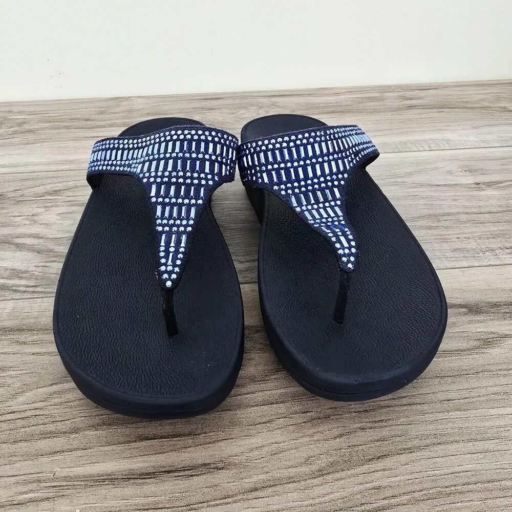 FitFlop Womens 7 Strobe Rhinestone Sandals Shoe Navy Thong Wedge SlipOn Comfort